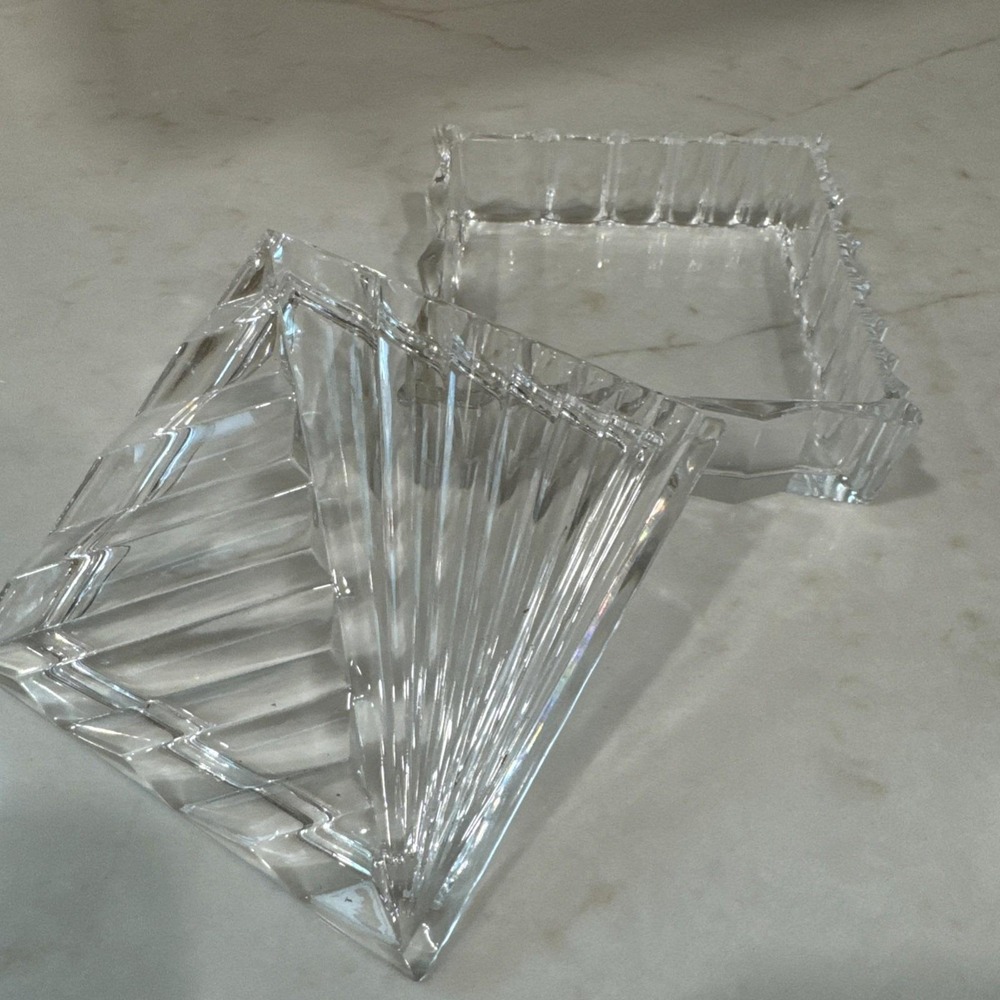 Vintage Clear Art Deco Contemporary Modern Glass Covered Trinket Dish